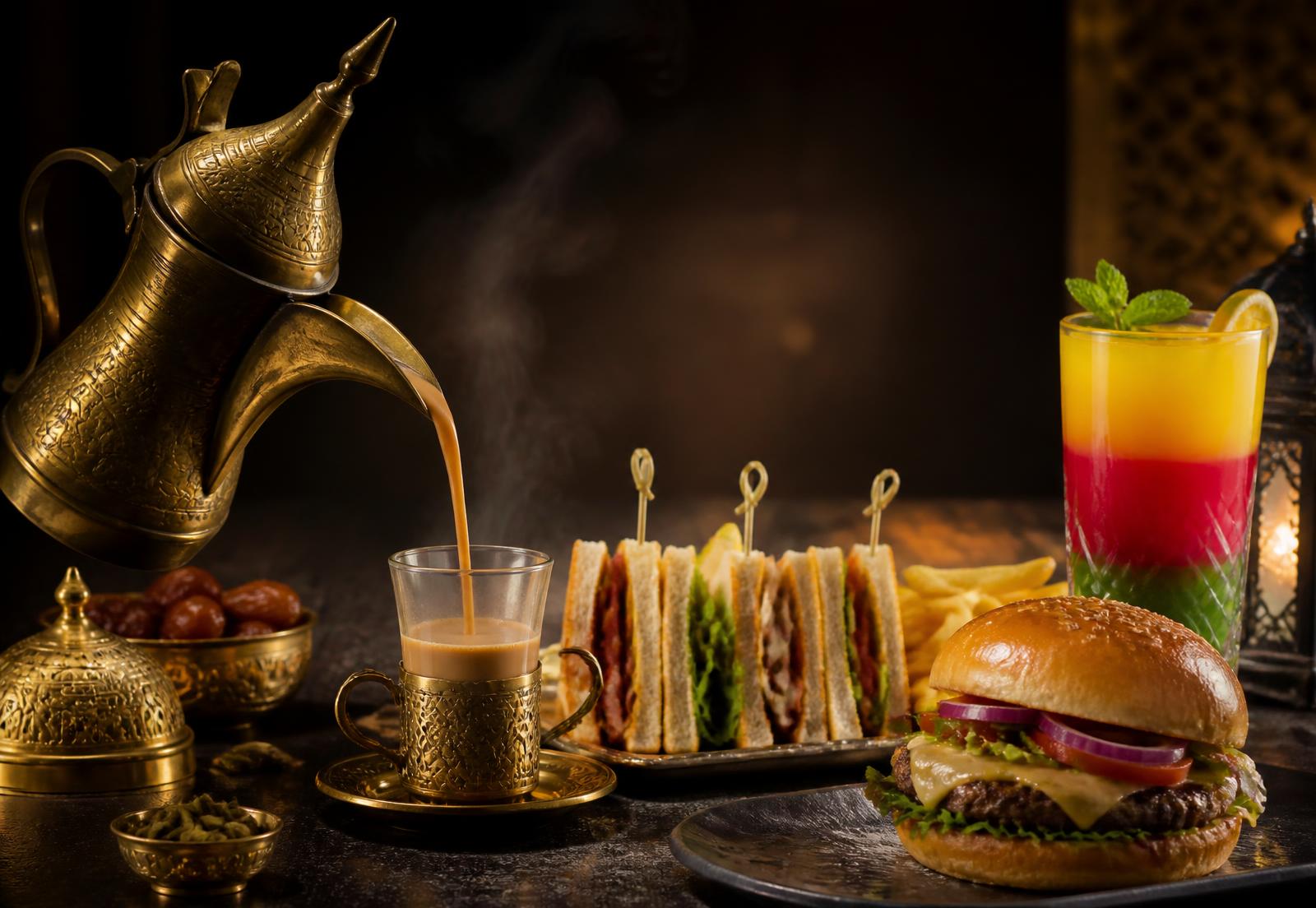 Karak tea poured beside a club sandwich, burger and layered fresh juice