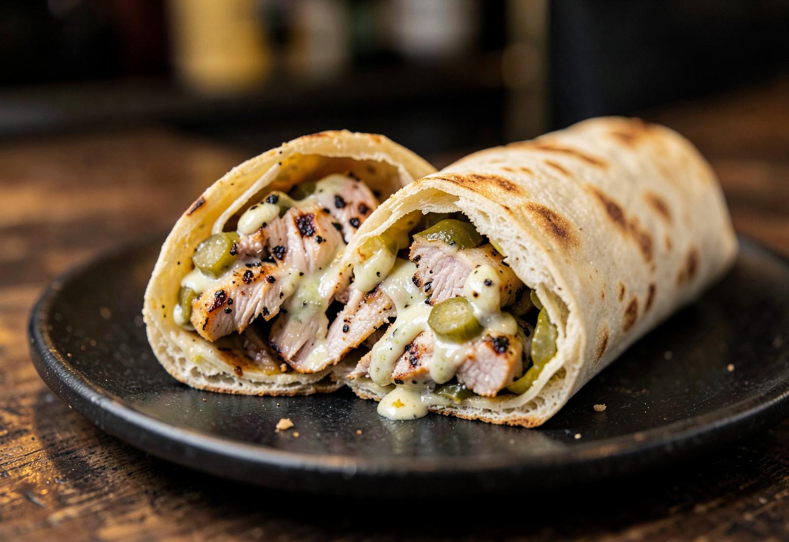 Grilled chicken shawarma wrap with garlic sauce and pickles